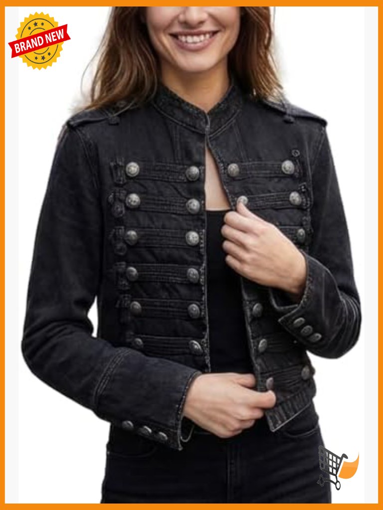 Double Breasted Denim Jacket Women's Military Steampunk Gothic Coat Vintage